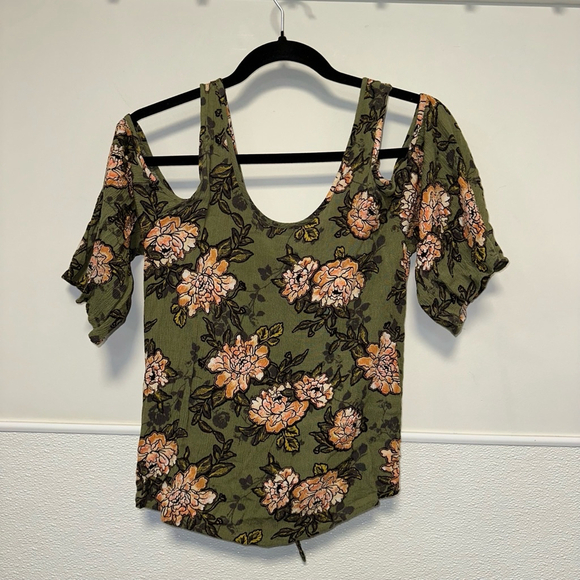 Women's True Craft Floral Cold Shoulder Top Size M Green Orange Blouse Tie Front - Picture 3 of 8